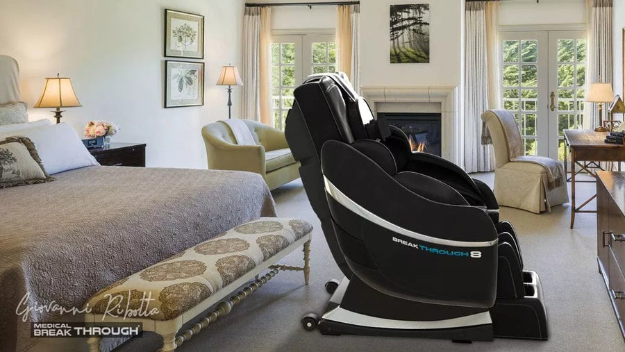 Medical Breakthrough 8 massage chair in a modern room, designed for posture correction, pain reduction, and improved sleep with advanced chiropractic and reflexology features.