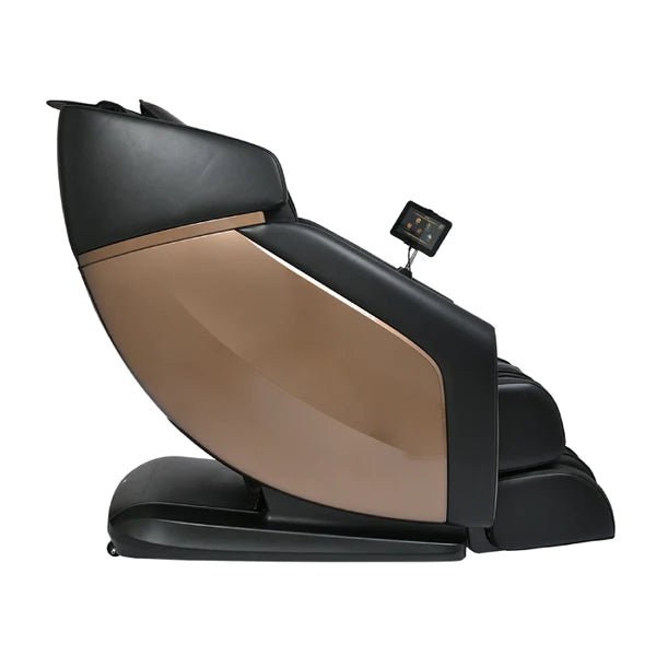 RockerTech Sensation 4D Massage Chair in black and gold, featuring a touch screen tablet controller and advanced massage technology.