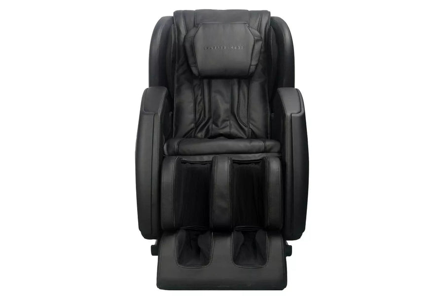 Sharper Image Revival Massage Chair: Black, legless design with armrests and reflexology rollers, offering full-body, zero gravity massage with Smart Body Scanning technology.